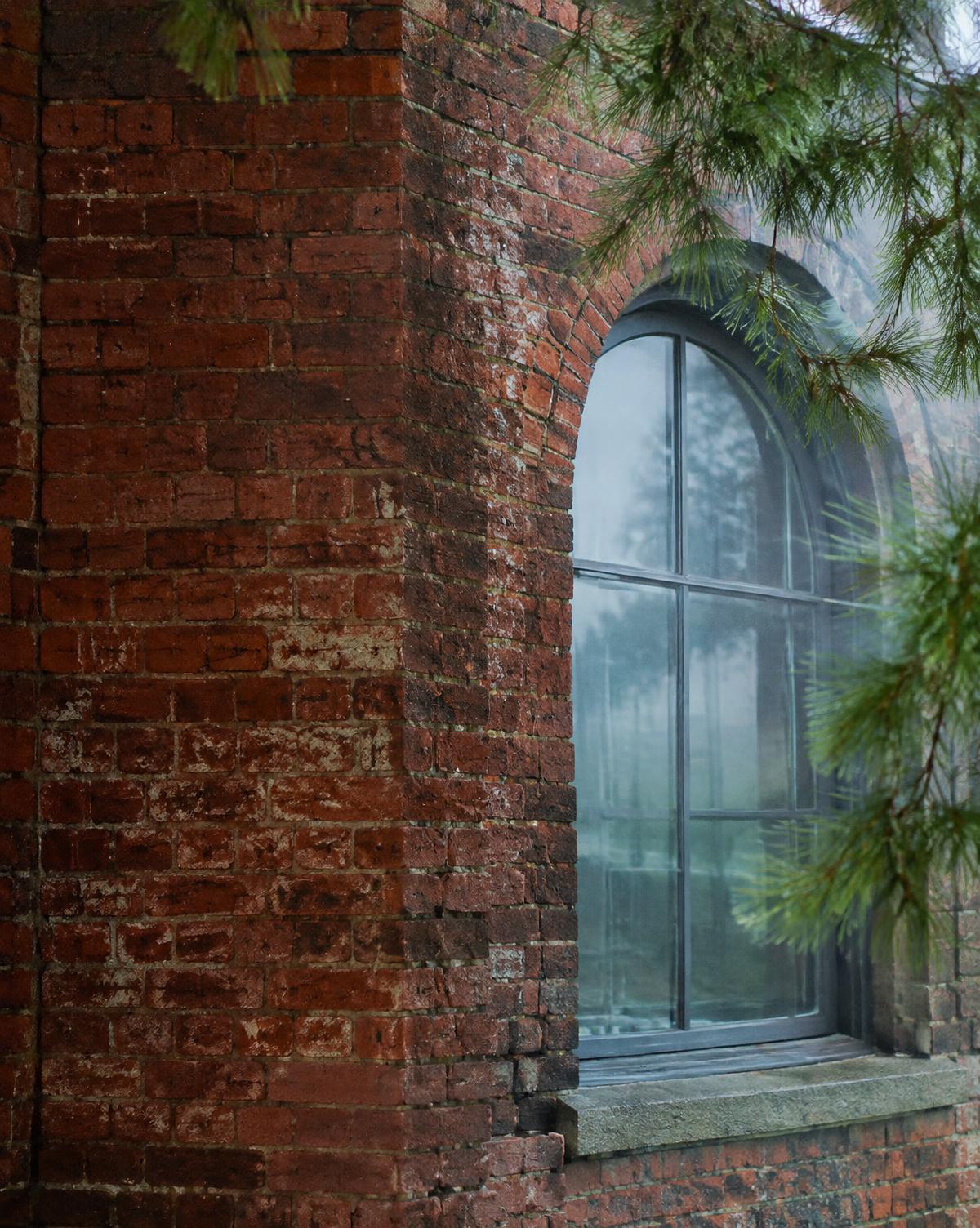 Aged brick and an arched heritage window beneath pine boughs