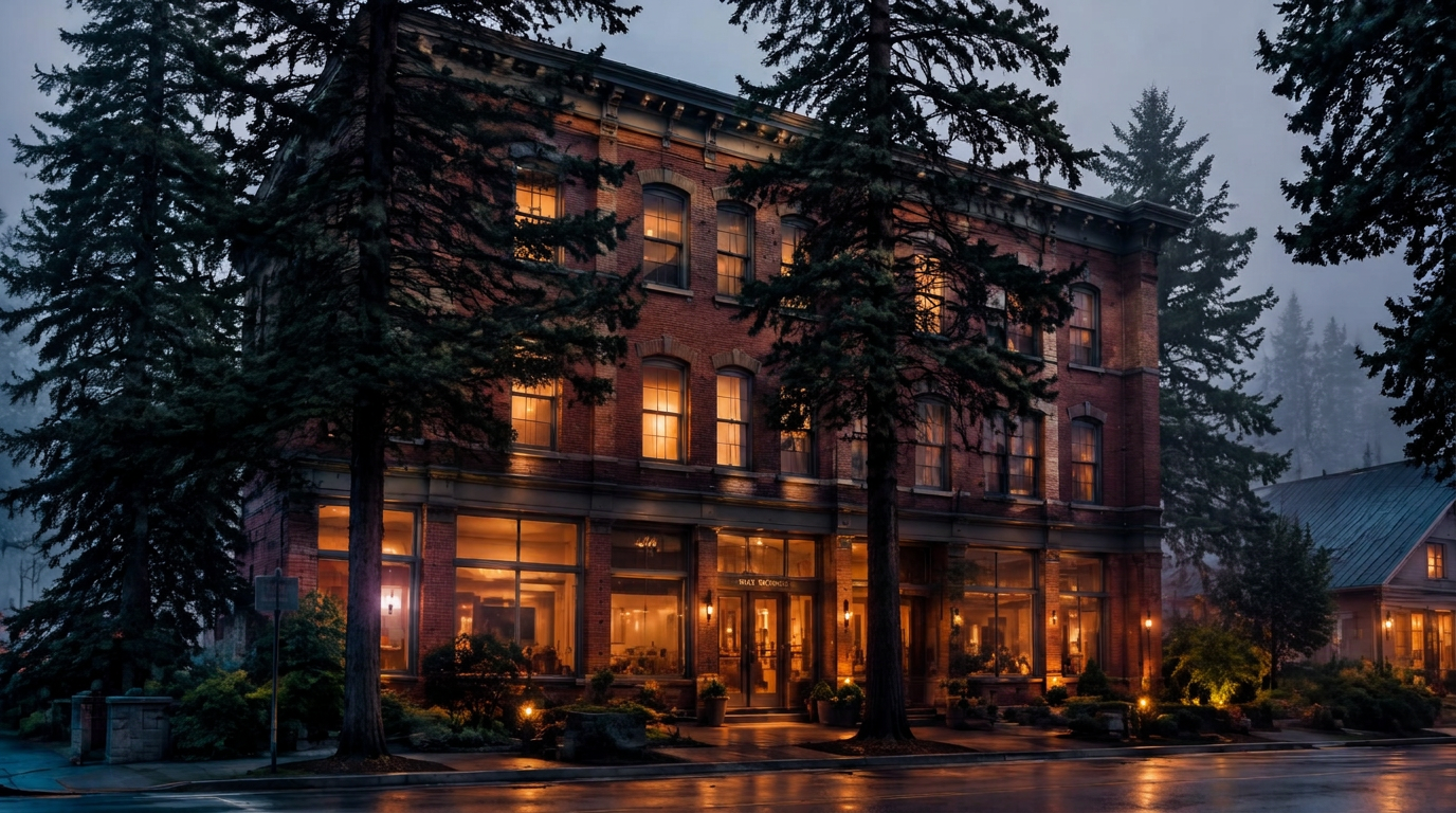 The restored 1912 brick facade of Juniper & Brick at dusk among the pines