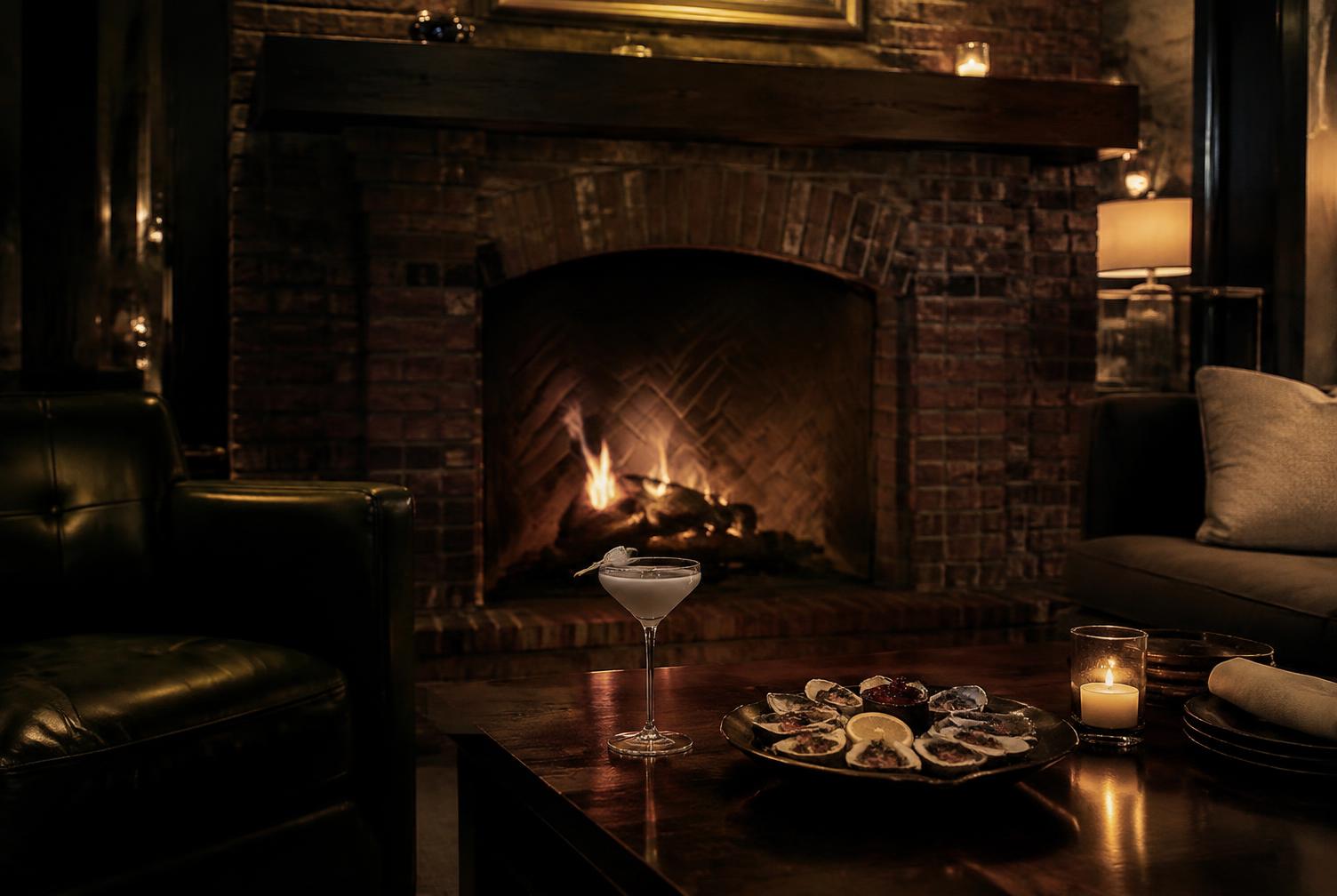 The Juniper Lounge with its restored brick hearth, a cocktail and oysters