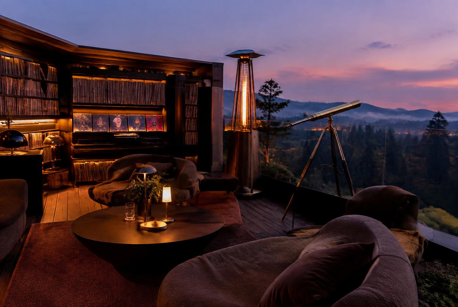 The rooftop vinyl lounge with a brass telescope over misty foothills