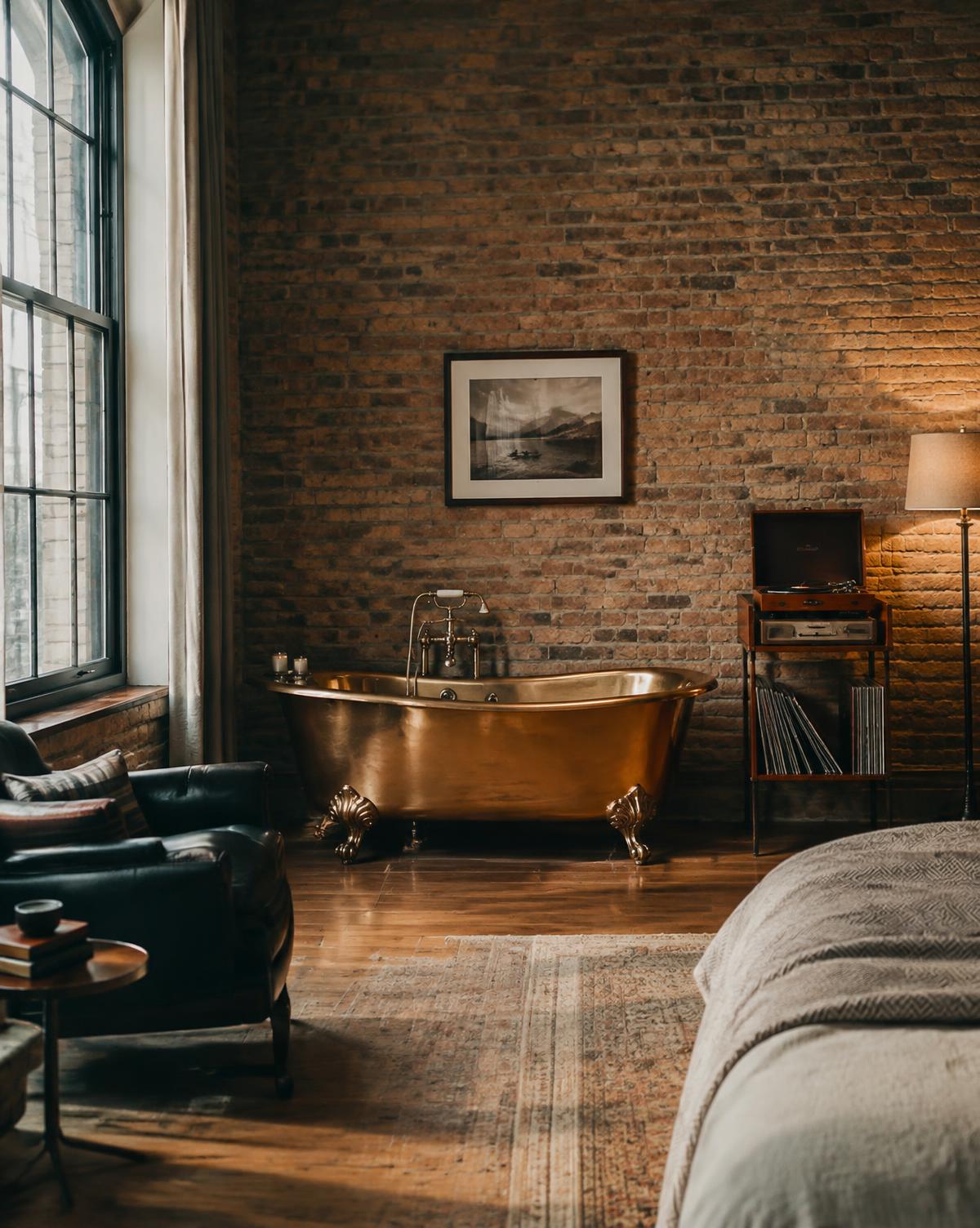 A suite with exposed brick, a brass clawfoot tub and a turntable